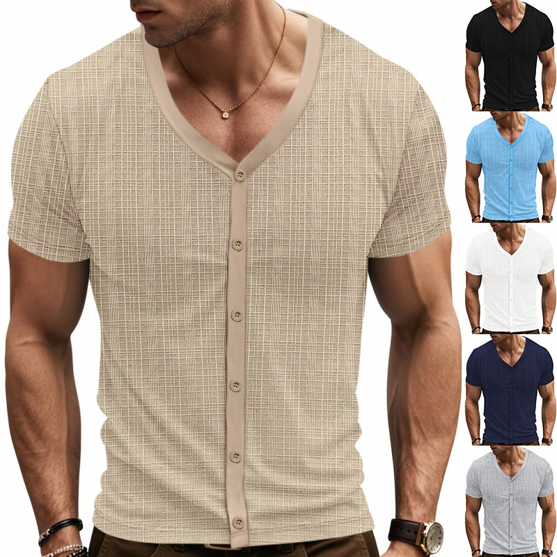 Summer Men's Deep V-neck Short-sleeve Designer Hoodie Linen-like Bamboo Knit Designer Shirt Comfortable Polo Breathable Solid Color Button Cardigan T-shirt