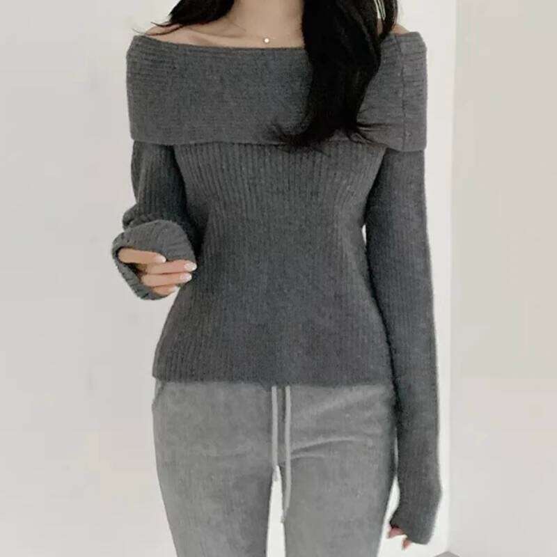 Off Sweaters for Women Long Sleeve Knitted Tops with Open Shoulder Fitted Pullover Elegant Basic Color Z260313
