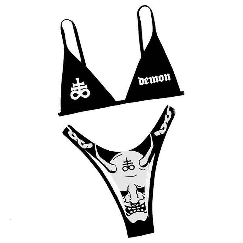 Sexy Gothic Bikini 2025 Women Demon Print Bra Thong Swimsuit Split Bathing Suit Underwear Y2K Bikinis Punk Swimwear Y260303