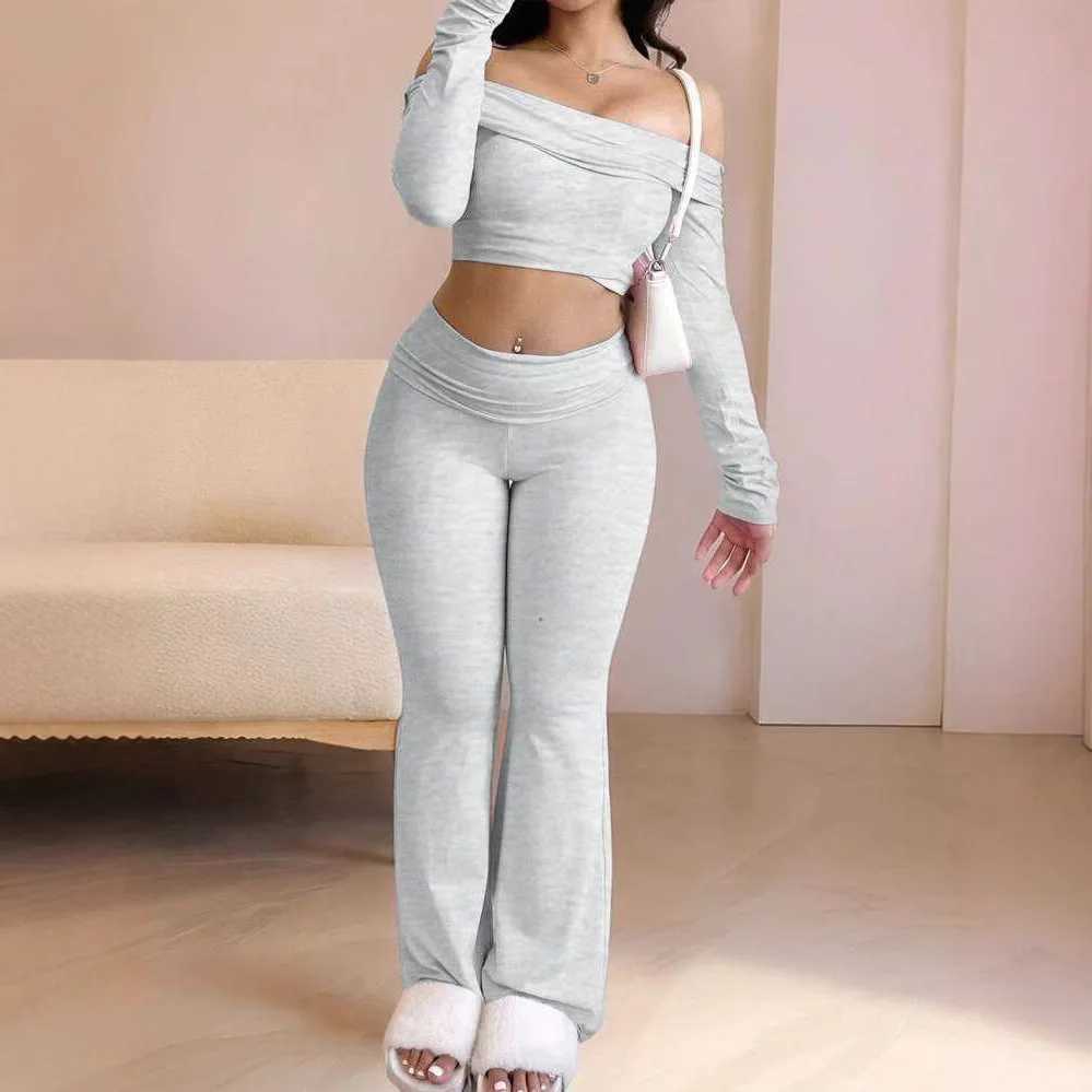 Summer New Set Women Solid High-Quality Off-Shoulder Long Sleeve Loose Fit Crop Top Long Pants Set Casual Outfits 2 Piece Set M260313