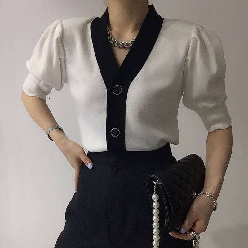 Summer Elegant Puff Short Sleeve Cardigan Office Lady 2023 Korean Contrast Single Breasted V-Neck Casual All-Match Knitted Tops Z260314
