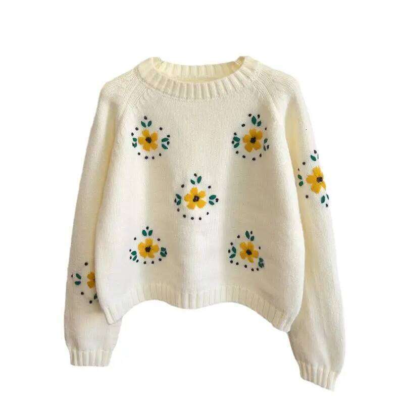 Korean style embroidered knitted sweater women's autumn and winter new round neck pullover with thick velvet short floral top Z260313
