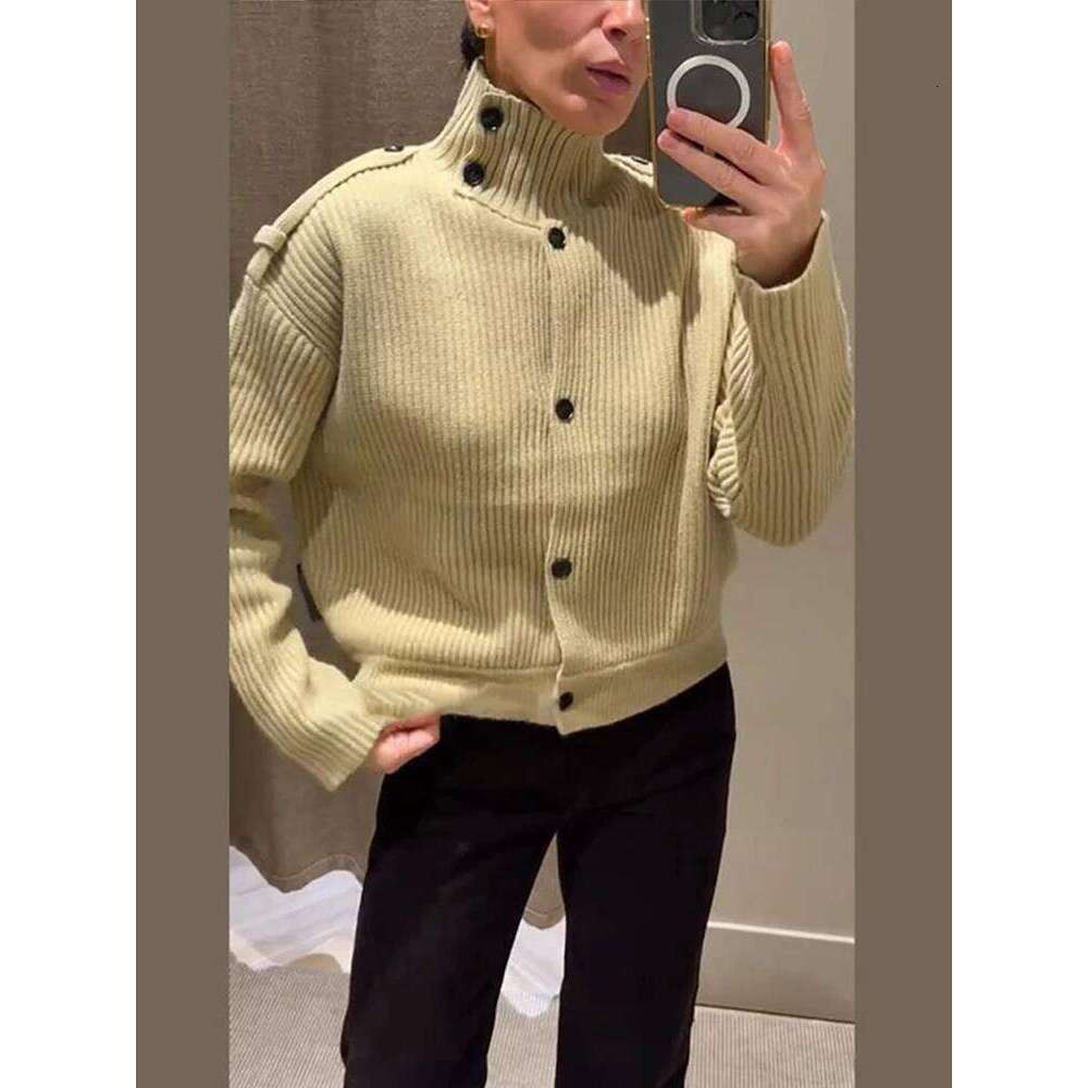 Women's High Neck Coat Knit Cardigan Outwear Solid Color Buttoned Jackets Long Sleeve Loose Casual Street Autumn Winter Clothes Z260314