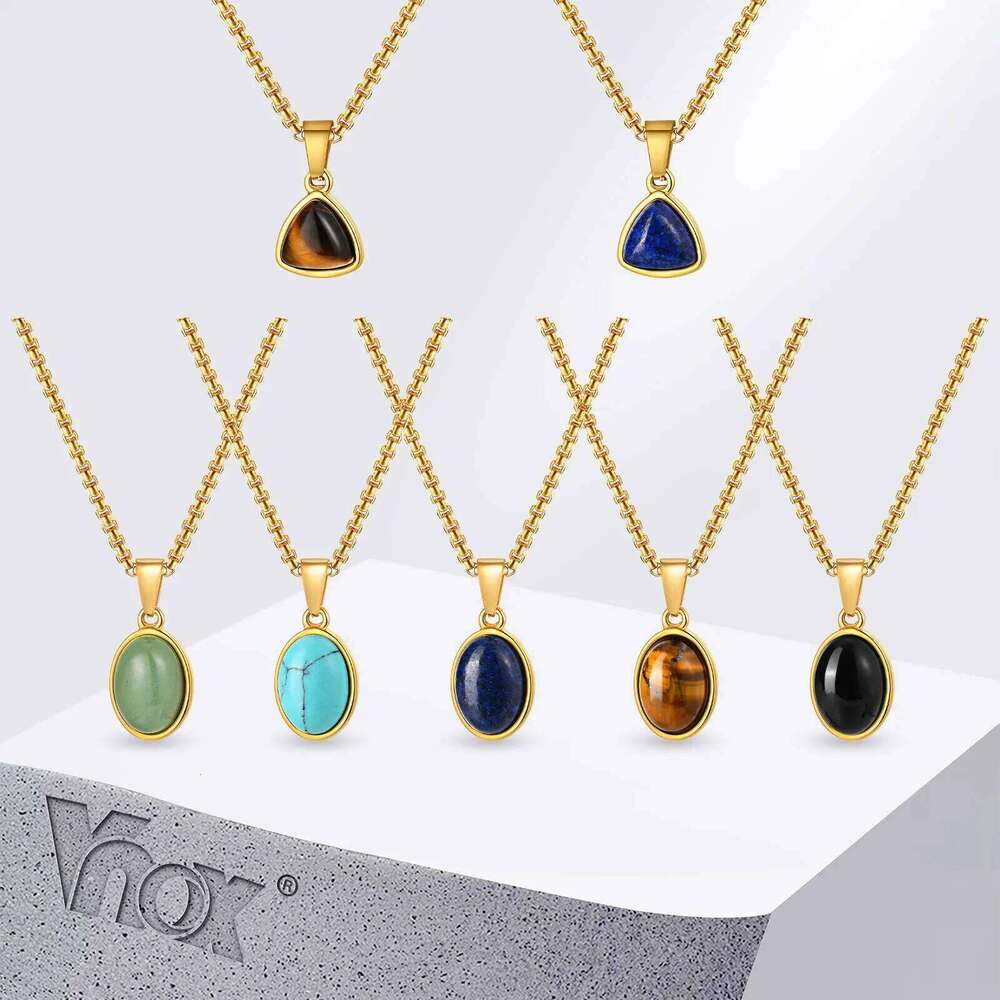 Vnox Trendy Natural Stone Geometric Pendant Necklace for Men, Stainless Steel Gold Color Box Chain Collar, Fashion Charm Jewelry H260312