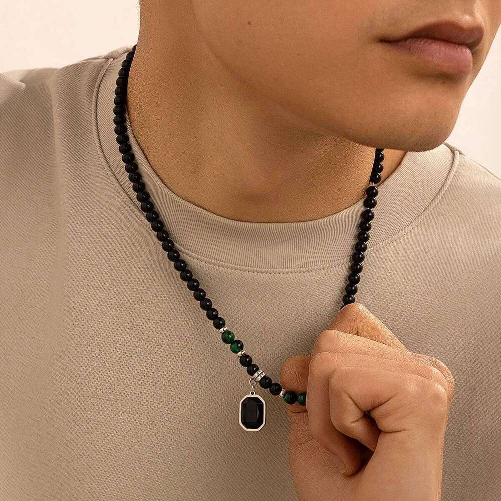 Natural Black Tiger Stone Colorful Beaded Pendant for Men's Trend Hip Hop Niche Collarbone Chain Necklace Paty Jewelry H260312