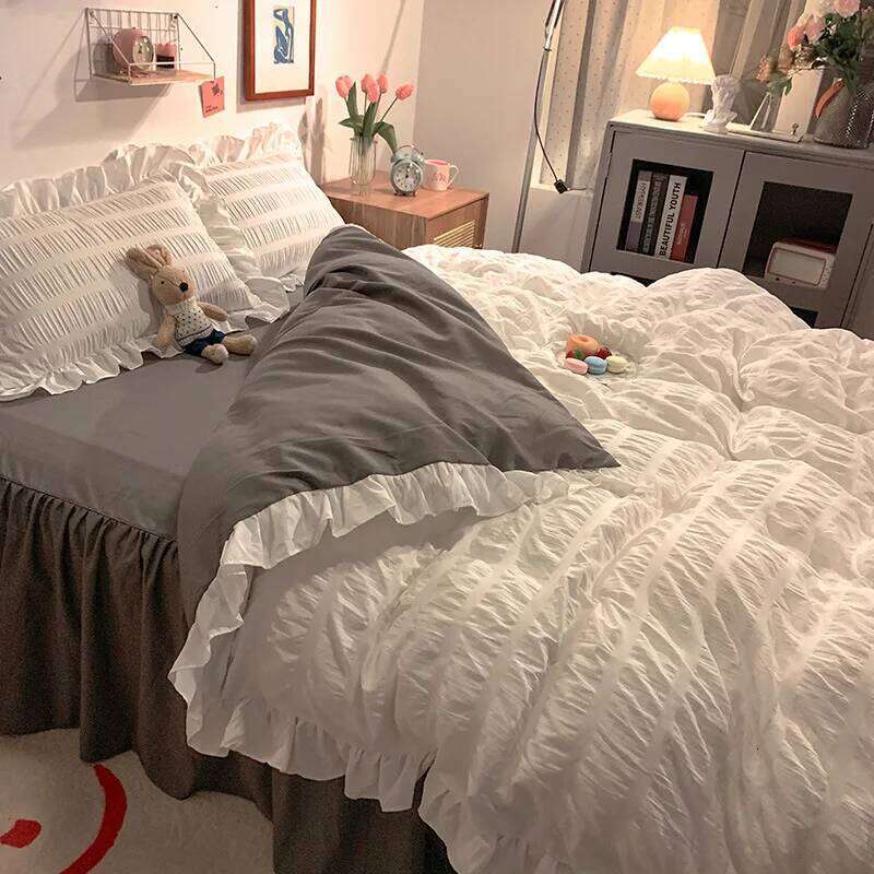 Pink Ruffled Seersucker Duvet Cover Set 3/4pcs Soft Lightweight Down Alternative Grey Bedding with Bed Skirt and Pillowcases H260311 H260312 - view 4