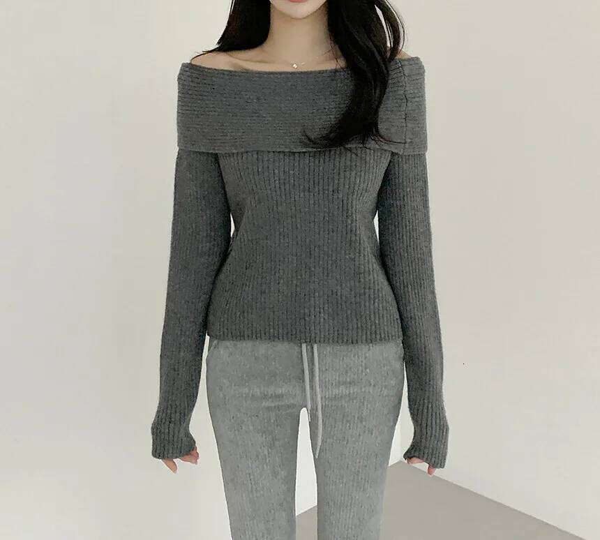Off Sweaters for Women Long Sleeve Knitted Tops with Open Shoulder Fitted Pullover Elegant Basic Color Z260314