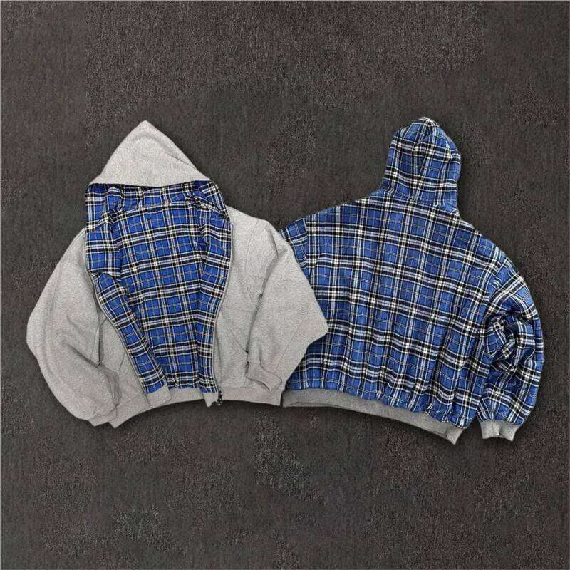 Casual Retro Men's Zipper Hoodie Goth Y2k Striped Plaid Double Sided Clothing Women Hip Hop Street Gray Jacket Sweatshirt Unisex Z260315