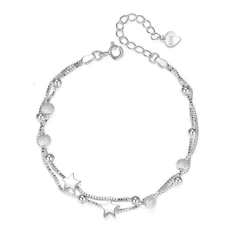 925 Sterling Silver Double Star Frosted Beads Bracelet Ladies Stylish Simple Birthday Wedding Anniversary Jewelry Gift Z260313