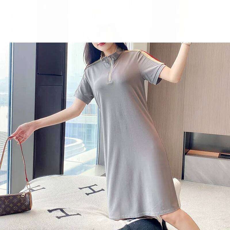 Women's Summer Pullover Turtleneck Solid Zipper Short Sleeve Casual Vacation Vintage Loose Elegant Knee Office Lady Dress Z260313