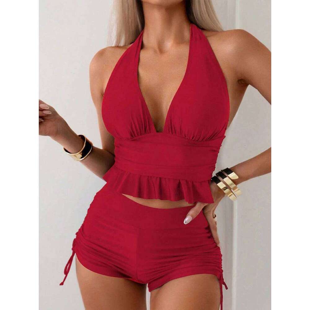 Halter Tankini Two Piece Swimsuit Women 2026 Solid Swimwear Female Bathers Bathing Swimming Swim Suit Beach Wear XXL 26H0313