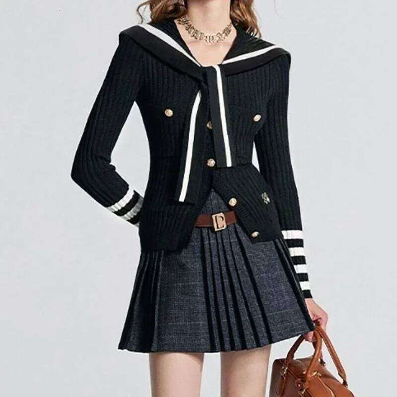 Preppy Style Knitted Women Striped Sailor Collar Cute Long Sleeve Sweater Elegant Sweet Autumn Winter Cardigan Z260313