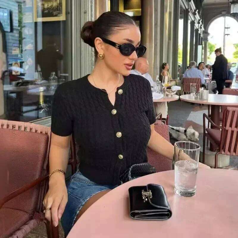 Trendix Women Knit Cardigan Winter Street Fashion Patchwork Ribbed Short Sleeve Sweater Autumn Commute Knitwear Crop Top Z260313