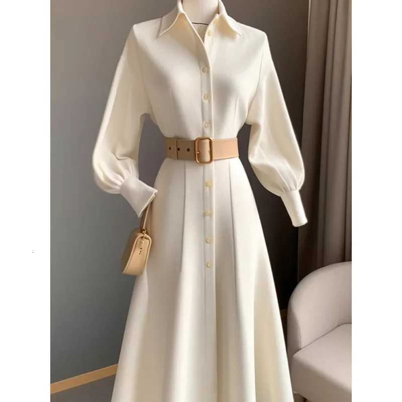 Fashionable Commuting White Dress Korean Style Fall/Winter New Waist-Fitted Slimming Shirt A- Line Skirt Clean ChicT260314