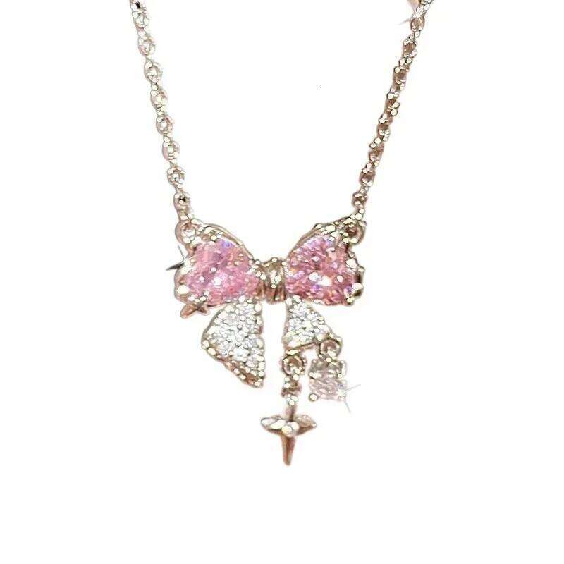 Fashion Fairy Pink Crystal Bow Knot Pendant Necklaces Y2K Girls Sweet Rhinestone Heart Clavicle Chain Women Jewelry Gifts H260312