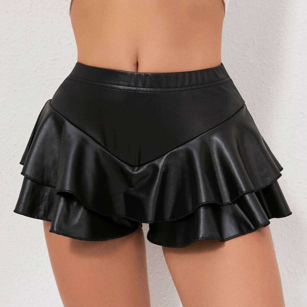 Sexy Women Faux Leather Ruffle Skorts Y2K Elastic High Waist Ball Gown Solid Color Loose Layered Casual Skirts Shorts Z260314