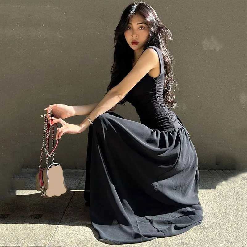 Black Wide Strap Maxi Dress for Women Summer Elegant Temperament High-Waist Party Long Dresses Sexy Ruched Bodycon Midi DressT260314