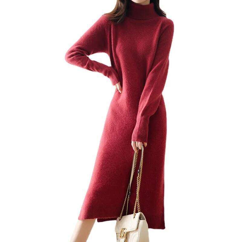Autumn and winter high lapel dress female Korean version of long over-the-knee cashmere bottoming knitted skirt Z260314