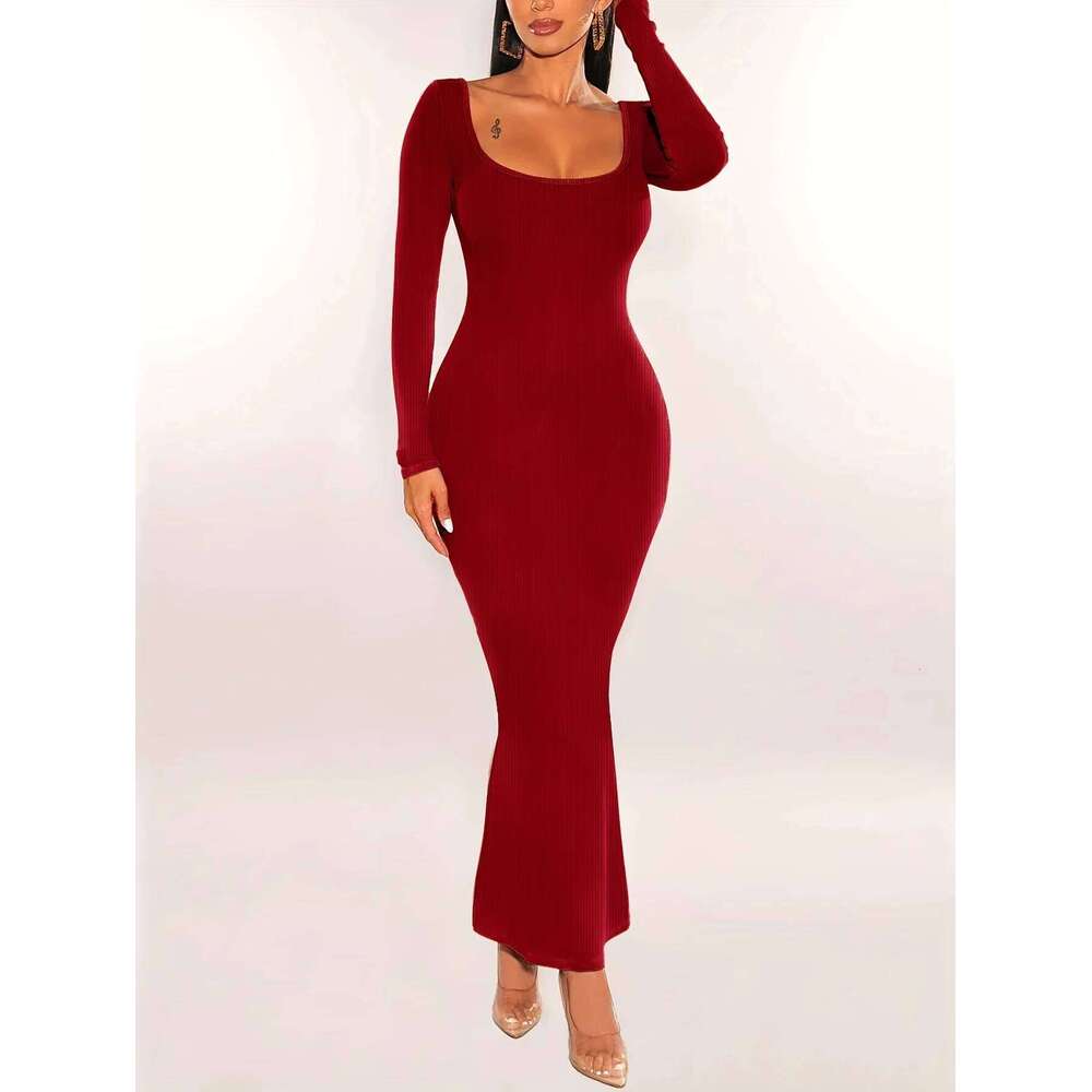 Women Ribbed Knit Sleeve Maxi Slim Fit Solid Color Bodycon Pencil Long Dress Casual Fall Spring Clothes Z260313