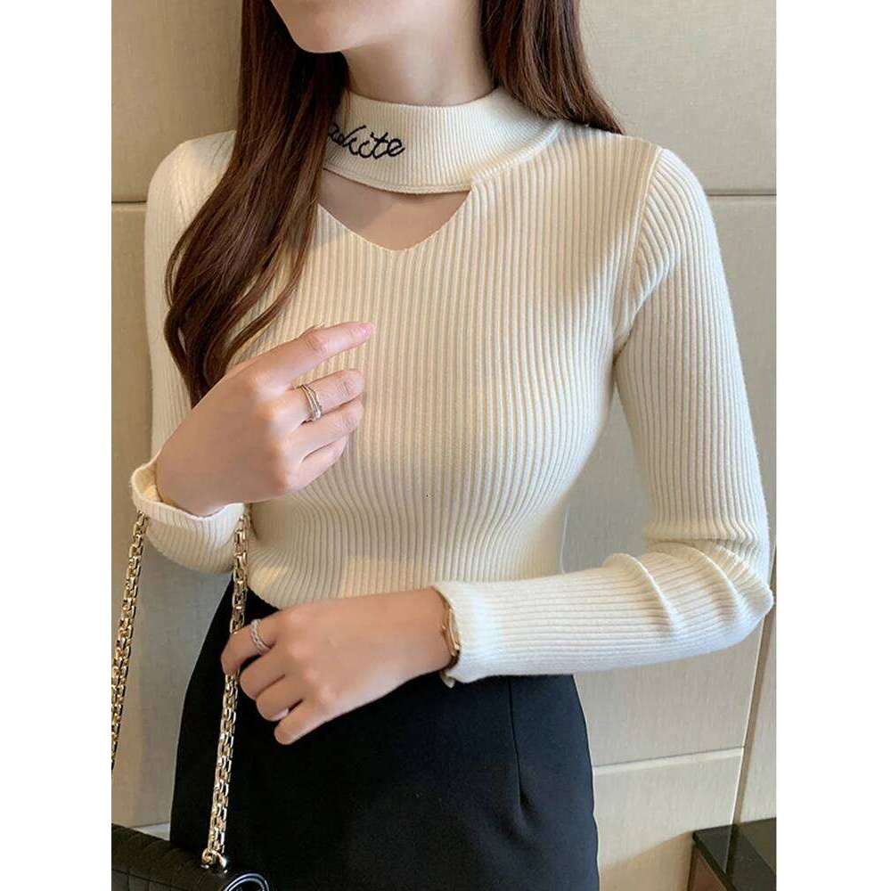 Letter Embroidery Hollow Out Mock Neck Women Sweater Autumn Winter Tops Slim Jumper Soft Warm Female Pullover Knitted Sweaters Z260314