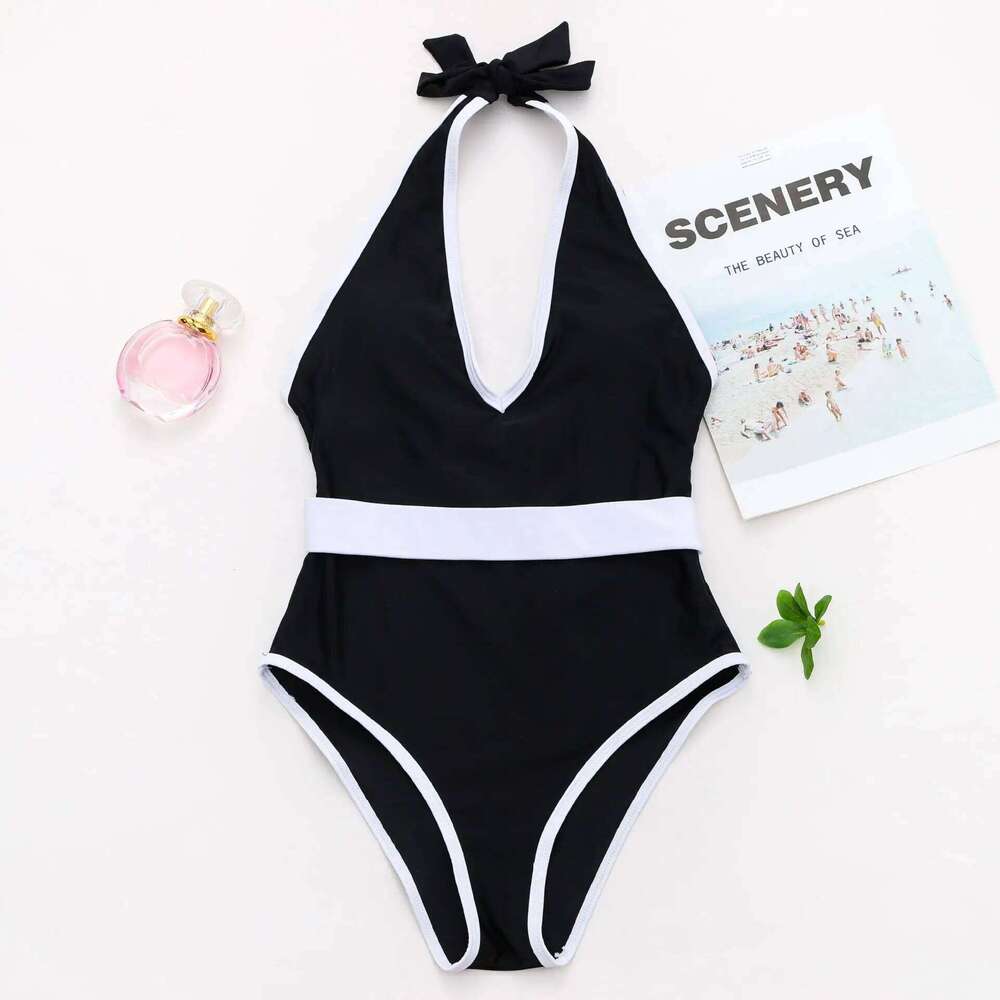 Sexy V Neck Halter One Piece Swimsuit for Women New Black with White Belt Monokini Swimwear 2023 Push Up Backless Bathing Suit Y260303