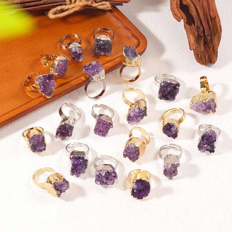 Natural Crystal Reiki Rings Raw Irregular Amethyst Cluster Geode Druzy Adjustable Finger Ring Resizable H260312