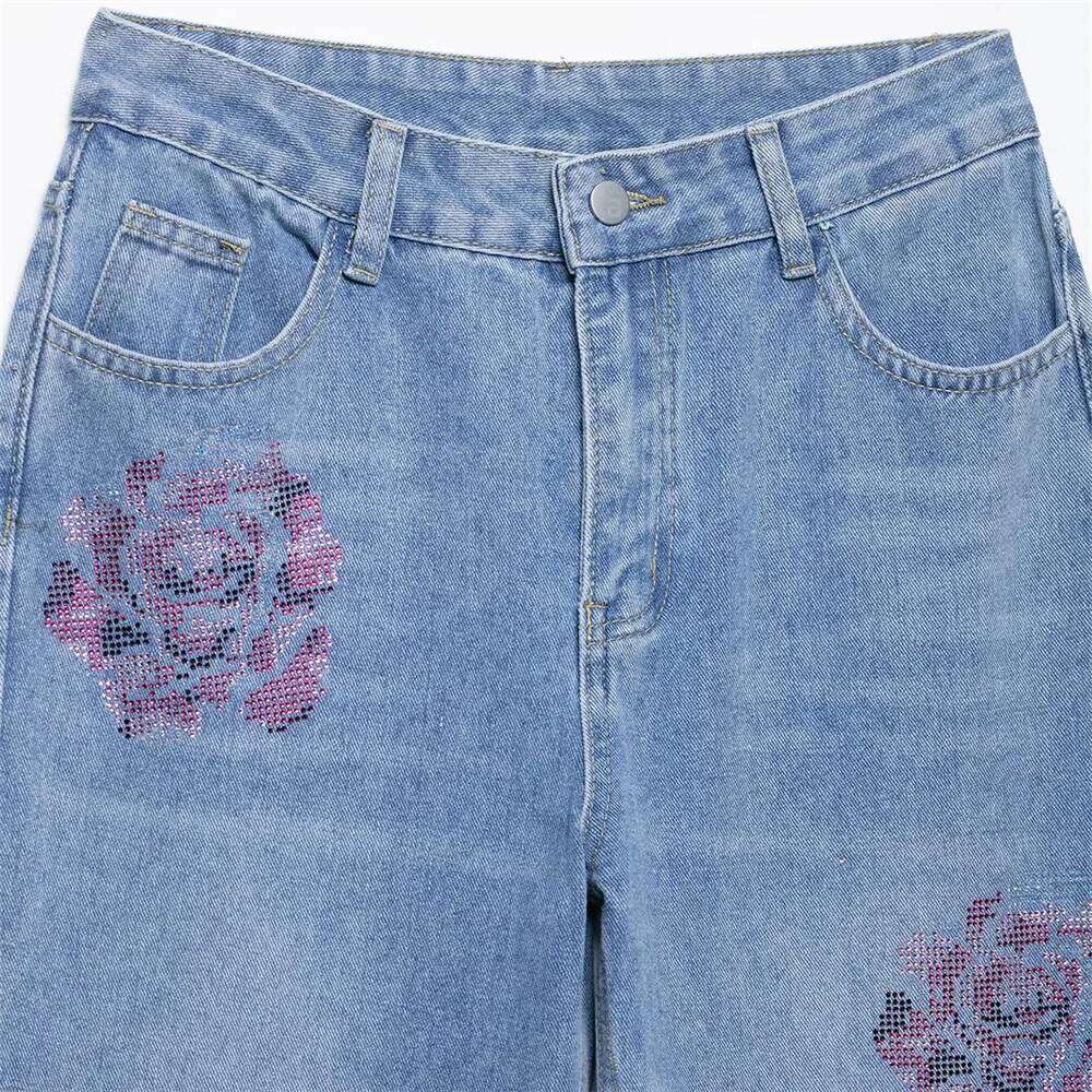 women's casual, simple and fashionable rhinestone embellished pants, summer new mid rise loose jeans Z260313