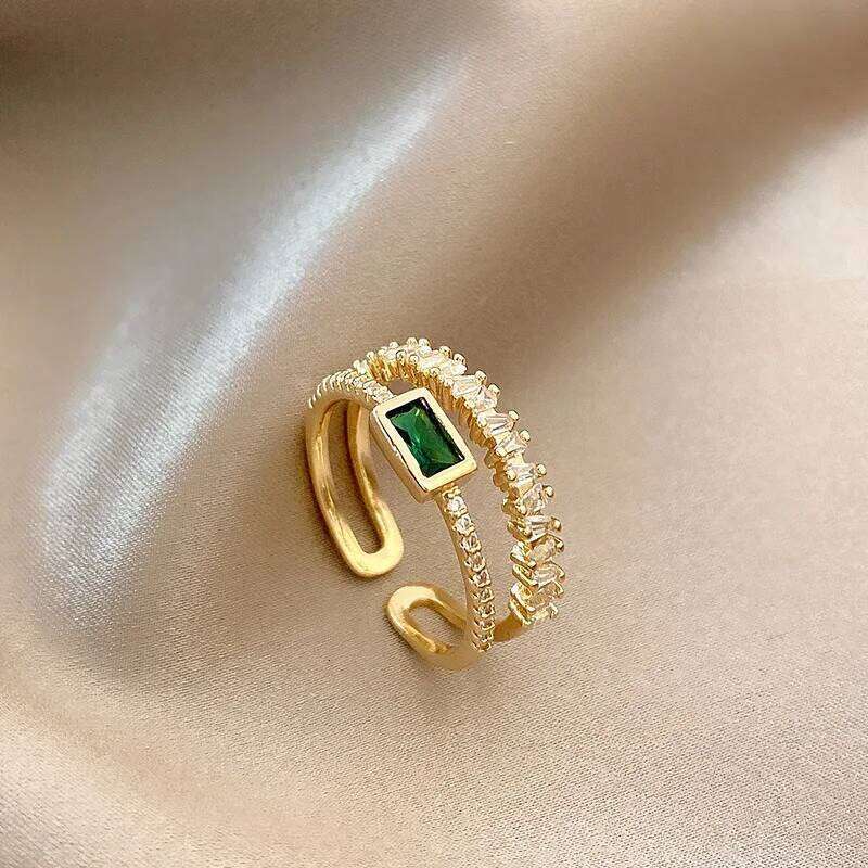 LATS Luxury Green Zircon Gold Color Double Open Rings for Woman 2022 New Fashion Goth Finger Jewelry Wedding Party Sexy Ring H260312