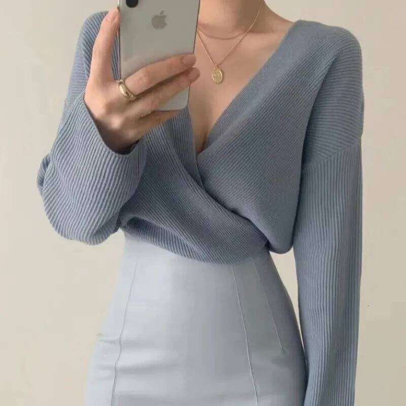 Chic V Neck Knitted Sweaters Women Irregular Cross Long Sleeve Office Lady Pullovers Fall Winter Korean Slim Fit Casual New Tops Z260314
