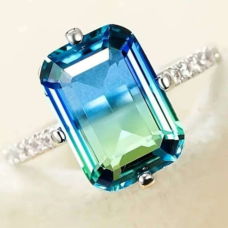 1pc Luxurious Set With Gradient Cubic Zirconia Stones, Change From Blue To Green, Engagement And Wedding Ring Gift H260312
