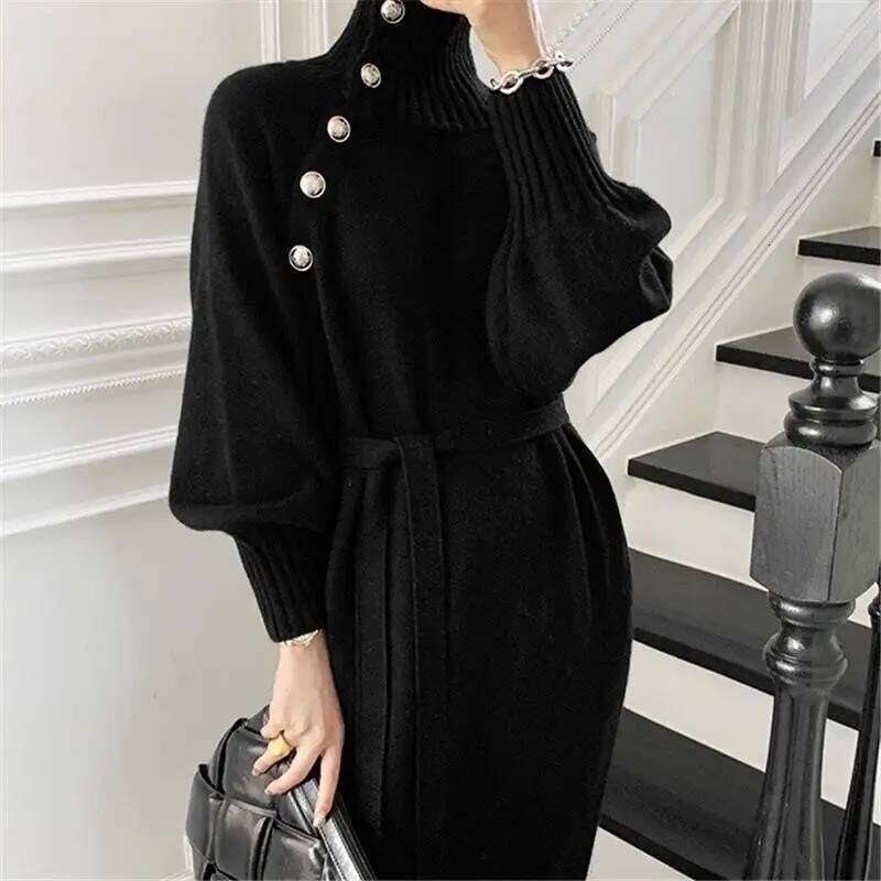 Vintage Chic Dresses Autumn Winter Women Solid Turtleneck Button Bandage Fashion Long Sleeve Loose Loog Straight Knitted Dress Z260313