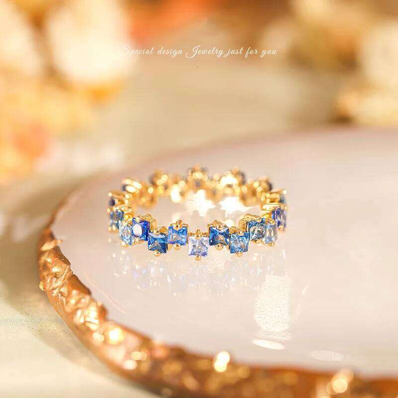 Foydjew Romantic Candy Rainbow Series Plated 18K Gold Rings Inlaid Blue Zircon Simulation Sapphire Tail Ring For Women H260312