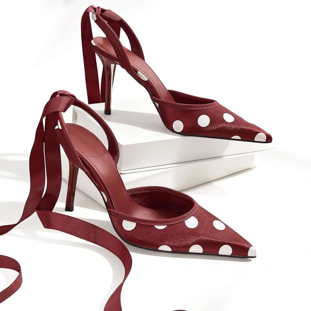 Polka Dot Heels For Women Pointed Toe Pumps Lace Up Satin Heeled Sandals Womens Stiletto Heel Shoes Evening Party Wedding MOJIDASHU