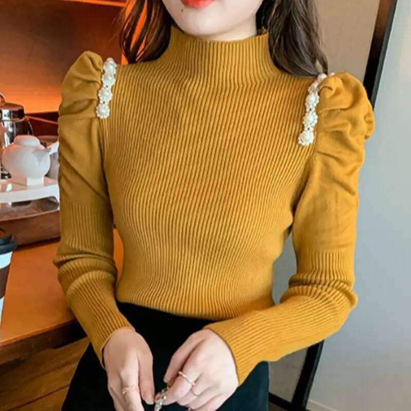 Fashion Stand Collar Beading Puff Sleeve Sweaters Women's Clothing 2023 Autumn Winter Solid Color Sweet Pullovers Commuter Tops Z260314