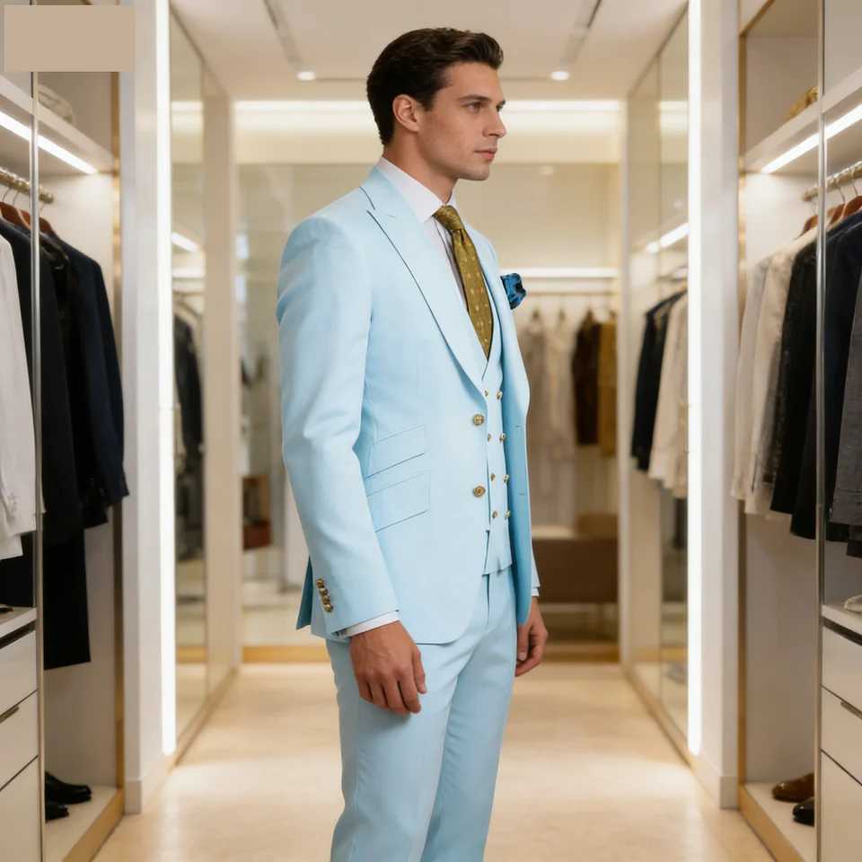 Mens Slim Fit Prom Tuxedo 3-Piece Set with Peak Lapel Blazer Vest Pants - Wedding Groom Business Formal Party Costume Homme a02 M260313