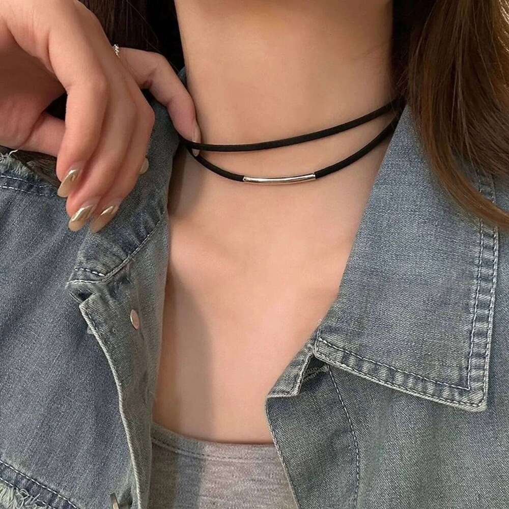 Women Vintage Choker Double-Layer Metal Tube Velvet Necklace for Girls Summer Boho Clavicle Chain Goth Neck Jewelry Accessories H260312
