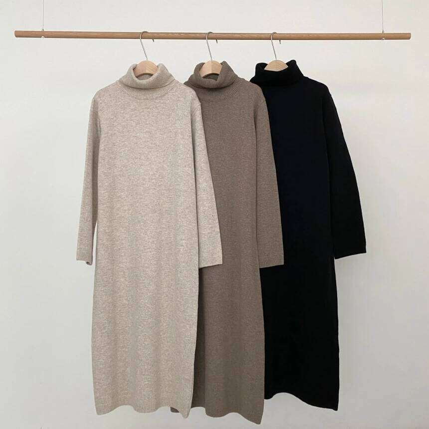REALEFT Autumn Winter Loose Turtleneck Women's Knitted Dresses 2025 New Long Sleeve Vintage Straight A-line Dress Female Z260314