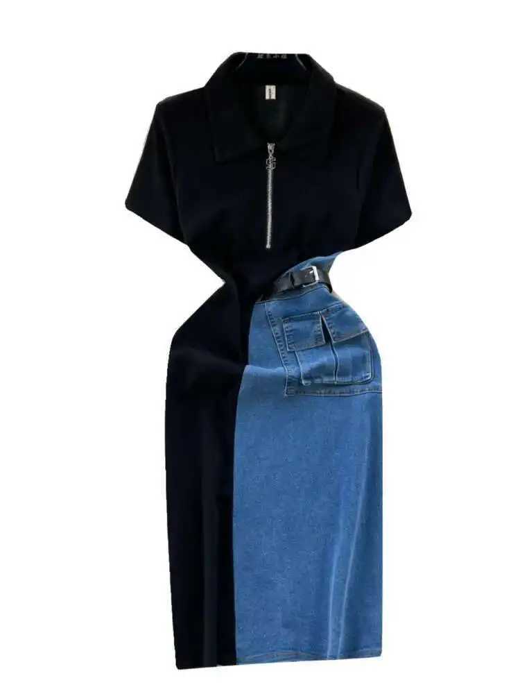 XFPV Women Vestidos Contrasting Colors Patchwork Slim Fit High Waist Denim Dresses Lapel Vestidos Spring Summer 2025 SM10385T260314