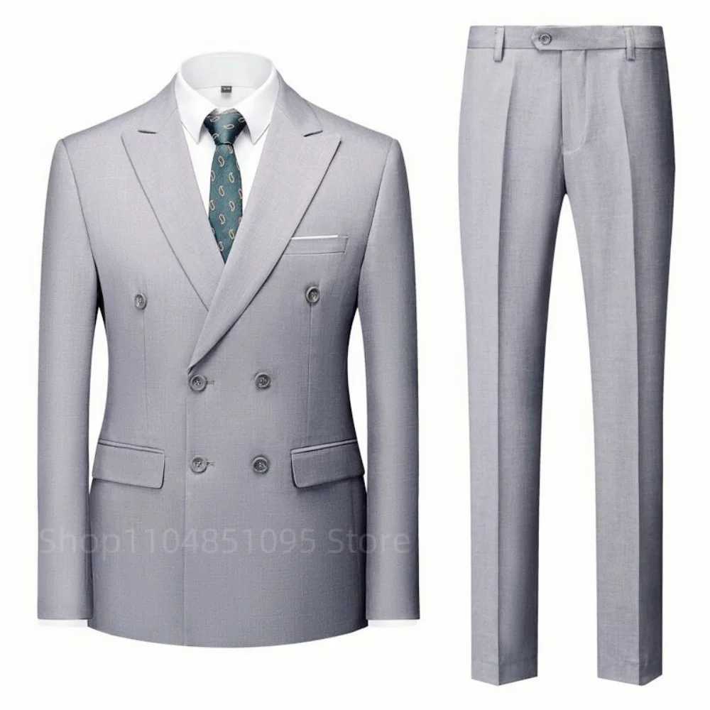 Solid Man Double-breasted 2 Piece Suit with Peak Lapel for Men Wedding Business Casual Graduation Outfit Set a03 M260313