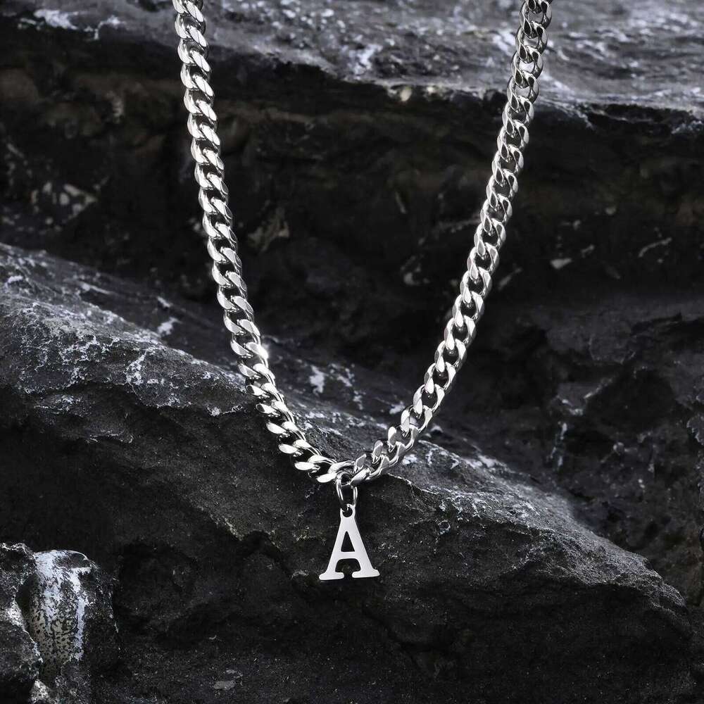 Vnox Simple A-Z Letter Necklace Men Women, Waterproof Stainless Steel Cuban Chain Necklace, Jewelry Gift for Him H260312