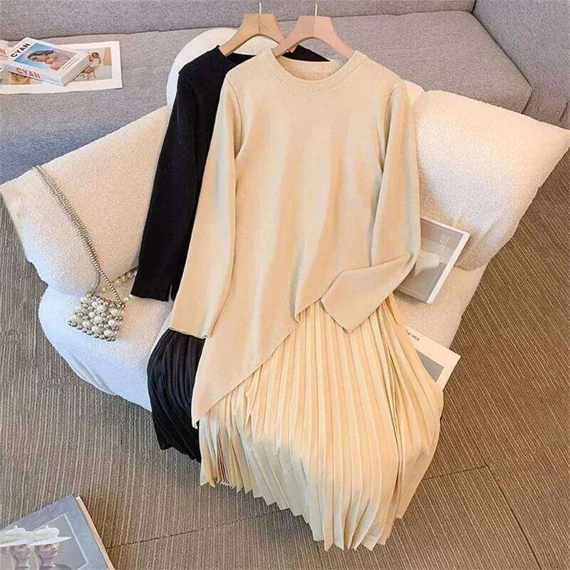 Women Loose Irregular Knit Maxi Dress Autumn Winter Ladies Splicing Together Vestidos Female New Fake Two Pieces Long Dresses Z260313