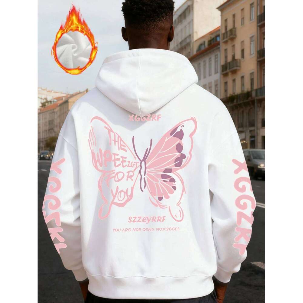 Butterfly Wing Print Trend Men Women Hooded Sweatshirt Autumn Winter Daily Outdoor Vacation Fitness Casual Loose Warm Sportswear Z260314