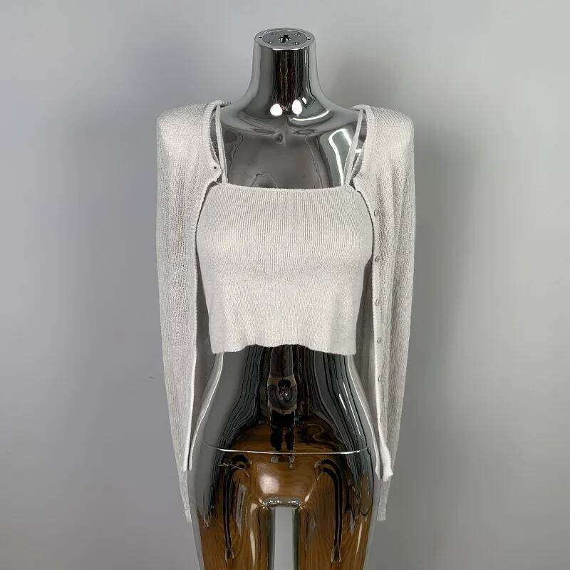 Solid Single-Breasted Tops Summer O-neck Long Sleeves Knitted Cardigan+Korean Slim Fit Tank Versatile Crop Top Two-Piece Set Z260313