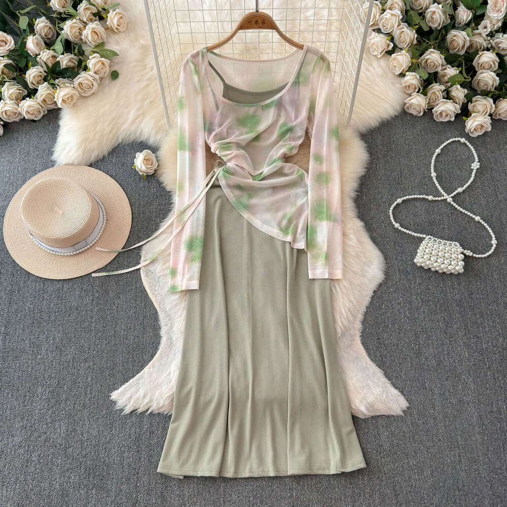 Light colored mature style drawstring irregular mesh print off shoulder T-shirt retro solid color camisole skirt two-piece set