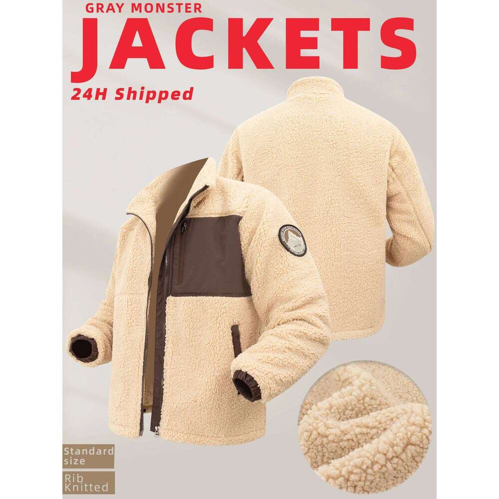 Men's Faux Fur Long Sleeve Warm Polyester Polar Fleece Cotton Padded Coat Full-Zip Thick Stand Collar Jacket with Pockets Z260313