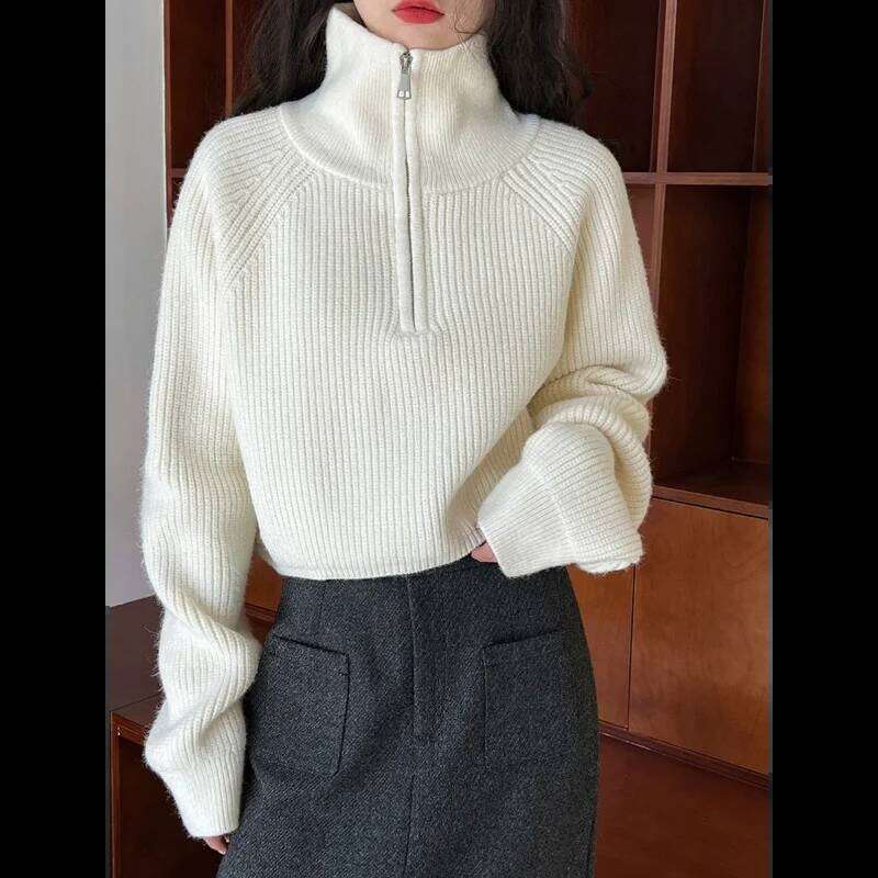 Half Zipper Turtleneck Long Sleeve High Waist Sweater for Women Spring Autumn Short Fashion Style Maillard Color Top Z260313