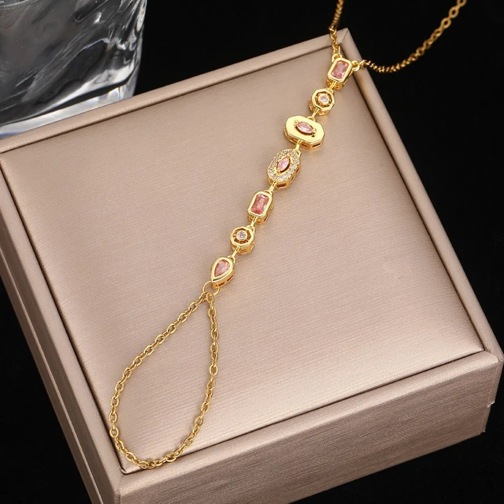 Fashion Sparkly Colored Rhinestones Gold Color Stainless Steel Finger Connect Bracelet Hand Back Chain for Women Jewelry 260313