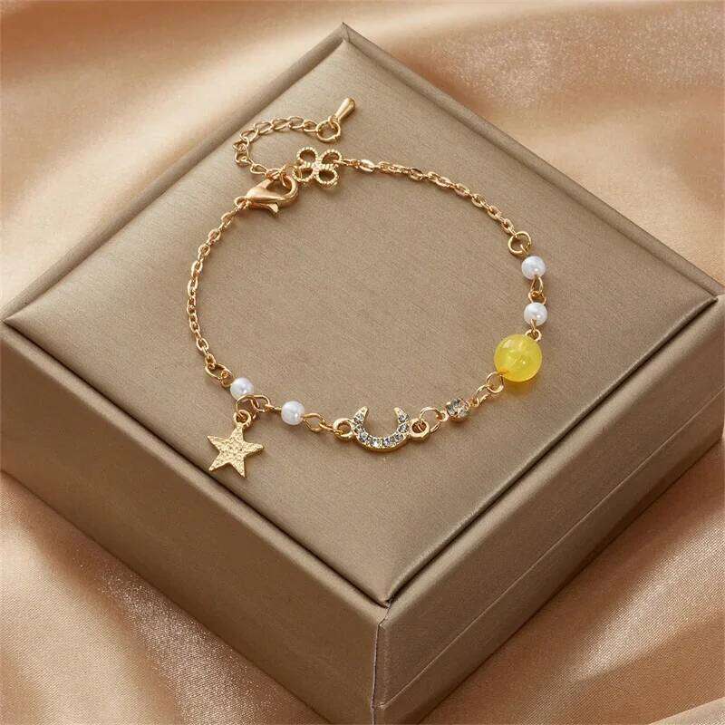 Simple Star Moon Zircon Pearl For Women Ladies Cute Elegant Exquisite Shiny Link Chain Bracelet Charm Jewelry Z260313