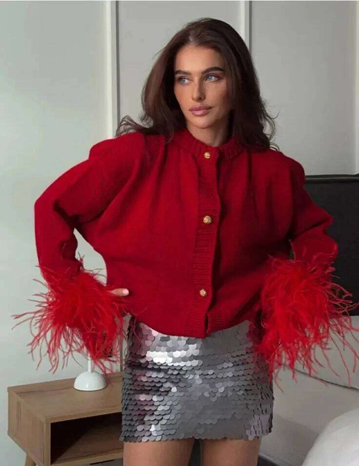 Casual Spliced Feather Knitted Cardigan For Women Fashion Single Breasted Long Sleeved Red Sweater Autumn Lady Outerwear Z260314