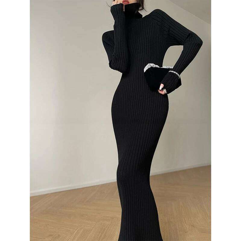 MEXZT Elegant Black Knitted Midi Dress Women Fashion Turtleneck Sweater Dresses Winter Korean Long Sleeve Bodycon Vestidos New Z260314
